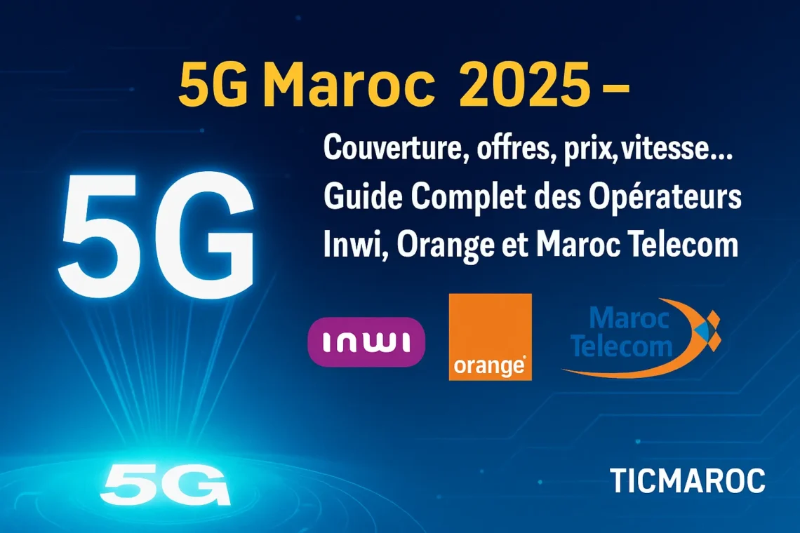 Illustration technologique présentant le titre “5G Maroc 2025” avec logos des opérateurs Inwi, Orange et Maroc Telecom, représentant la couverture et les offres 5G au Maroc.