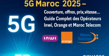 Illustration technologique présentant le titre “5G Maroc 2025” avec logos des opérateurs Inwi, Orange et Maroc Telecom, représentant la couverture et les offres 5G au Maroc.