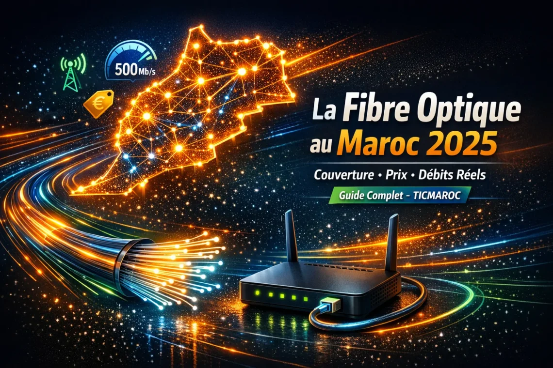 Carte du Maroc éclairée par la fibre optique illustrant la couverture, les prix et les débits réels de l’internet très haut débit au Maroc en 2025