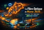 Carte du Maroc éclairée par la fibre optique illustrant la couverture, les prix et les débits réels de l’internet très haut débit au Maroc en 2025