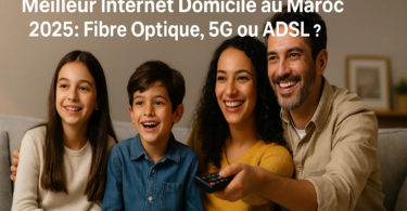 Famille marocaine regardant la télévision à la maison grâce à une connexion Internet domicile rapide et stable : fibre optique, 5G ou ADSL au Maroc en 2025