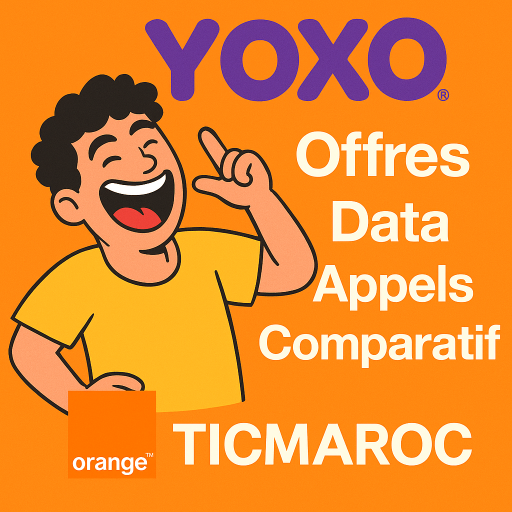 Illustration humoristique des offres YOXO Orange au Maroc avec data généreuse, eSIM et compatibilité 5G – design officiel TICMAROC