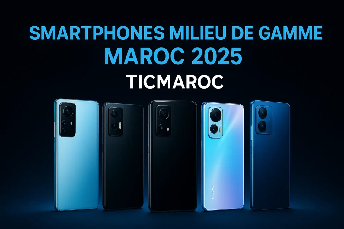 Bannière 1200×628 avec cinq smartphones modernes sur fond noir et lumière bleue, avec le titre “Smartphones Milieu de Gamme Maroc 2025 – TICMAROC”.