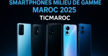Bannière 1200×628 avec cinq smartphones modernes sur fond noir et lumière bleue, avec le titre “Smartphones Milieu de Gamme Maroc 2025 – TICMAROC”.