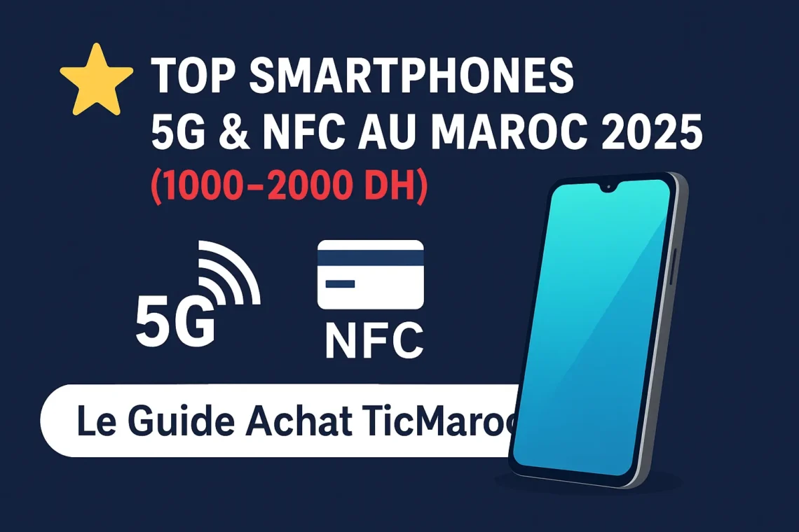 Image présentant les meilleurs smartphones 5G et NFC au Maroc en 2025, dans une gamme de prix entre 1000 et 2000 DH, avec une illustration d’un téléphone moderne et des icônes 5G et NFC.