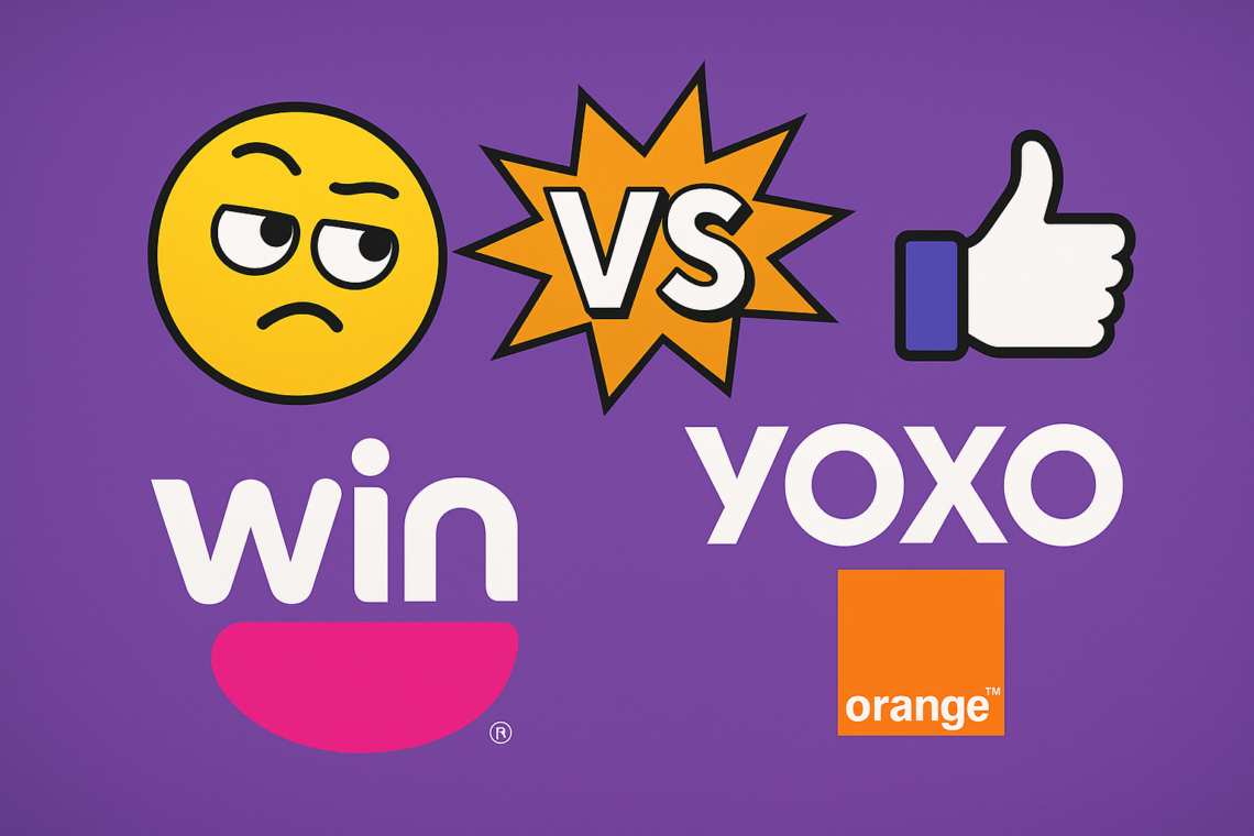 YOXO Orange vs WIN Inwi, comparaison des forfaits mobiles sans engagement au Maroc, illustration d’un duel humoristique entre flexibilité et générosité data en 2025.