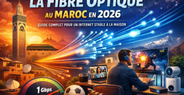 Illustration montrant la fibre optique au Maroc en 2026, symbolisant un internet stable à la maison pour le streaming 4K, le télétravail et la vie numérique quotidienne.