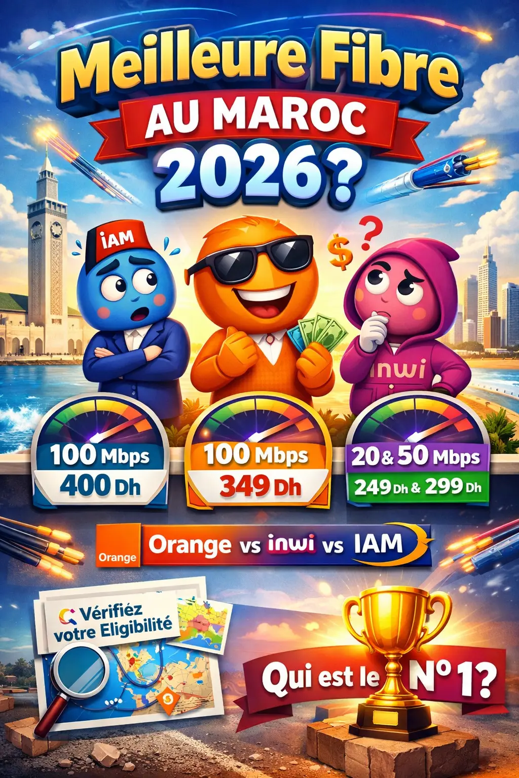 Illustration satirique comparant les offres fibre au Maroc 2026 entre Orange, inwi et IAM avec prix 100 Mbps 349 Dh et 400 Dh, incluant offres 20 et 50 Mbps.