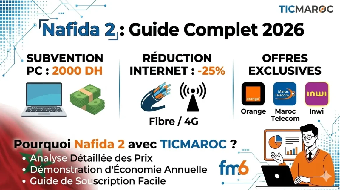 Guide complet Nafida 2 Maroc 2026 : Subvention PC 2000 Dh et réduction 25% internet Fibre Optique Orange, IAM, Inwi.