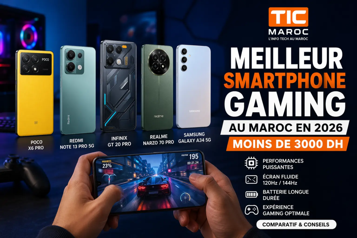 smartphone gaming Maroc 3000 DH comparatif 2026 Poco X6 Pro Redmi Note 13 Pro Infinix GT 20 Pro Realme Narzo Samsung A34