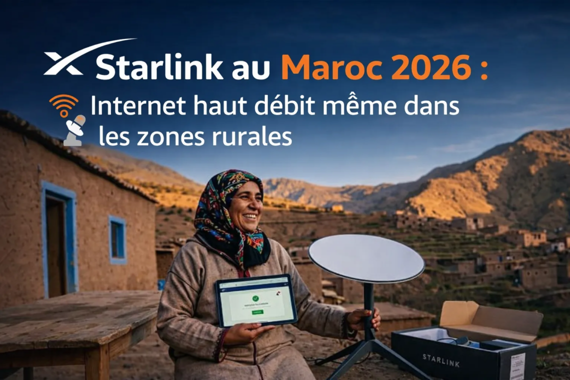 Starlink Maroc 2026 installation internet satellite dans un village rural avec antenne et connexion haut débit