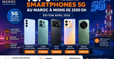Top 5 smartphones 5G au Maroc à moins de 2500 DH en 2026 avec Samsung Galaxy A25, Redmi Note 13, Poco X6, Infinix Zero 30 et Realme Narzo 60