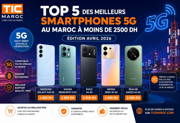 Top 5 smartphones 5G au Maroc à moins de 2500 DH en 2026 avec Samsung Galaxy A25, Redmi Note 13, Poco X6, Infinix Zero 30 et Realme Narzo 60