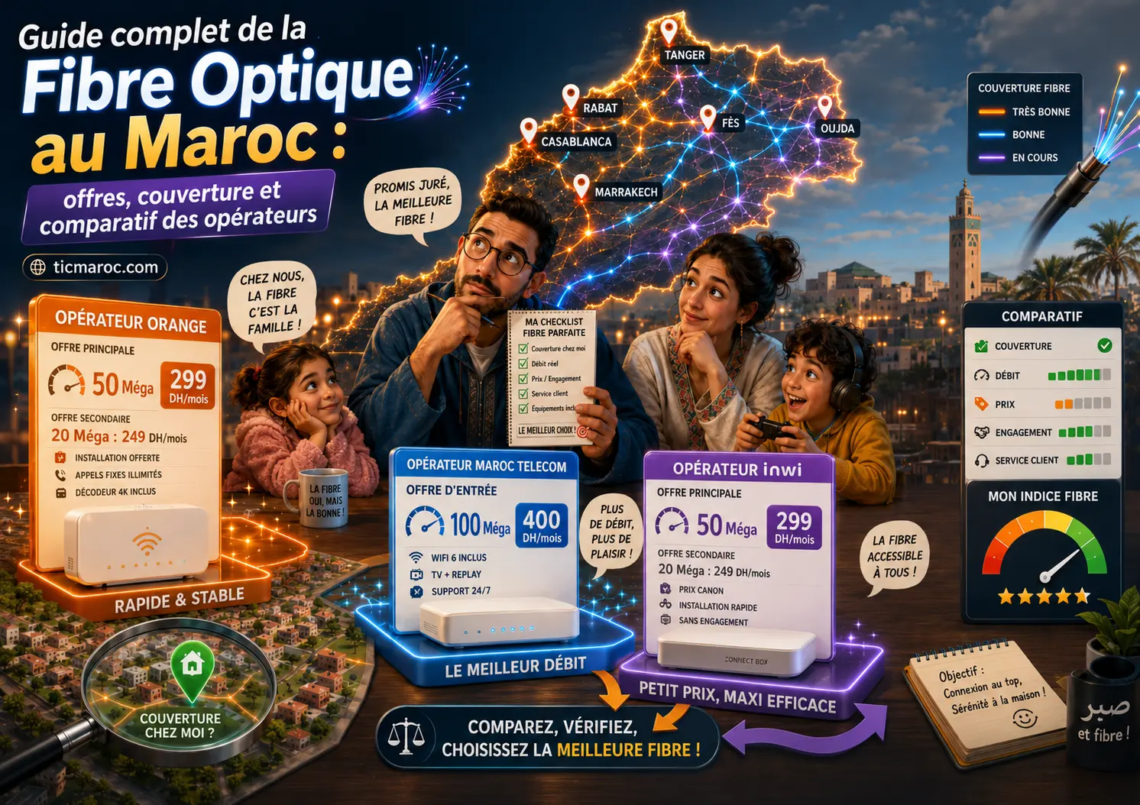 Guide complet de la fibre optique au Maroc 2026 avec comparatif des opérateurs, offres fibre, couverture FTTH et test d’éligibilité