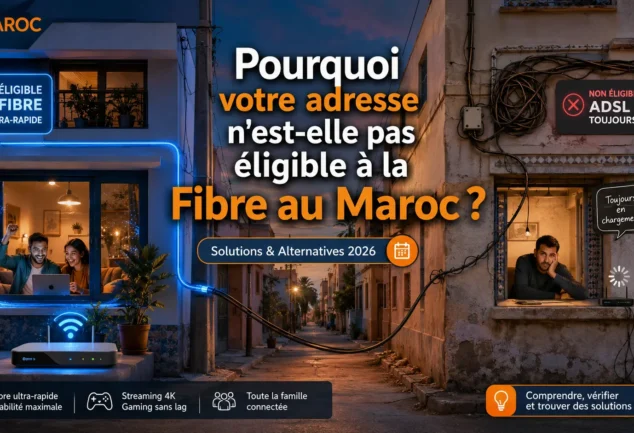 Adresse non éligible à la fibre au Maroc avec comparaison entre logement connecté en fibre et logement bloqué en ADSL