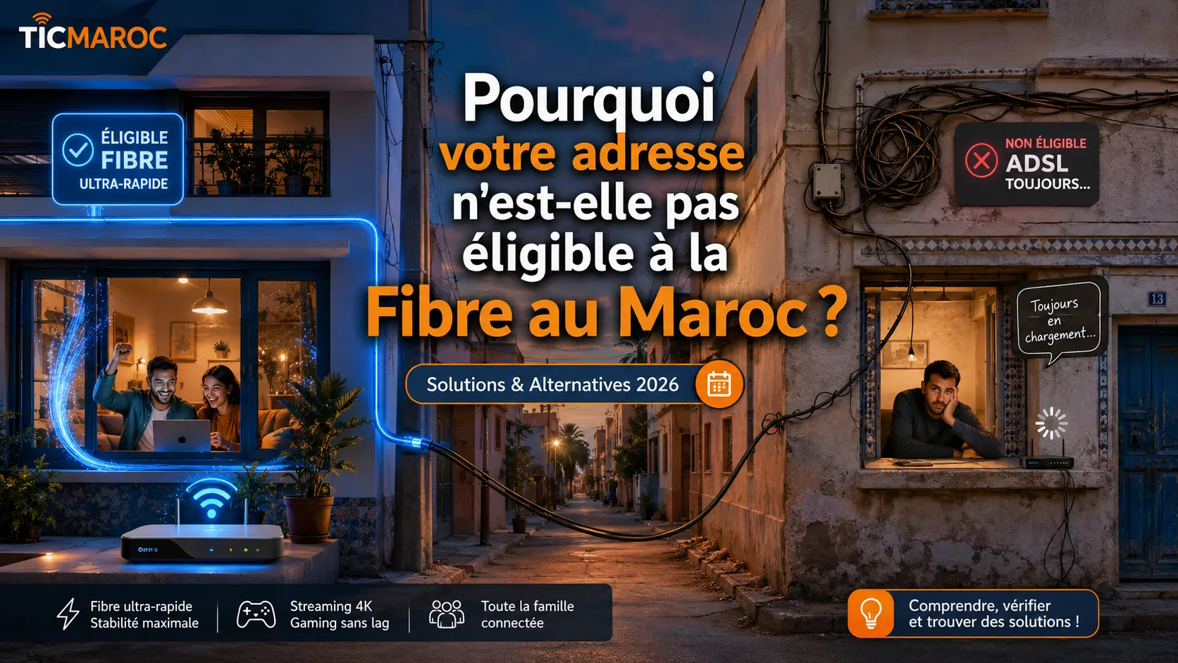 Adresse non éligible à la fibre au Maroc avec comparaison entre logement connecté en fibre et logement bloqué en ADSL