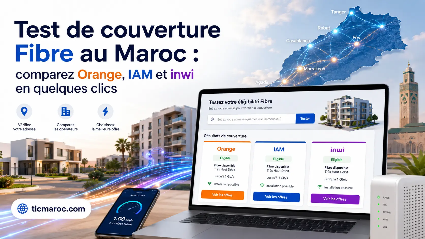 Test de couverture fibre Maroc pour comparer Orange, IAM et inwi depuis une seule interface